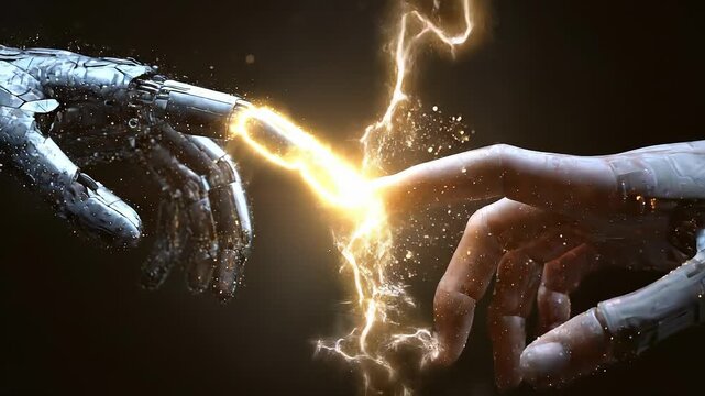 Two robotic hands nearly touch, a spark of golden energy leaping between mechanical fingers, evoking a futuristic reinterpretation of human creation with elegant, cinematic light and detail.