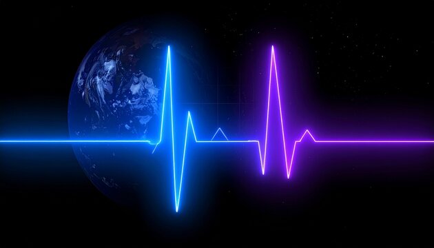 Glowing blue and purple heartbeat lines emanate from Earth in space.