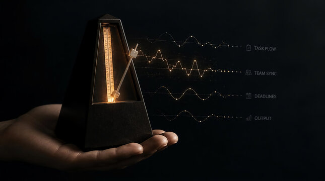 Hand holding metronome glowing workflow rhythm