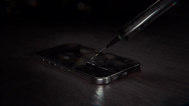 A syringe penetrates a smartphone screen on a dark desk, extracting a glowing green liquid. A 3D animation visualizing cybersecurity threats, malware, data theft, and digital hacking concepts.