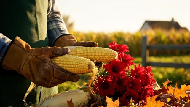 Farmer harvesting corn on a sunny autumn day with red flowers and leaves in the foreground