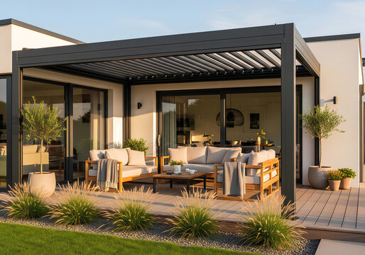 Contemporary terrace with black aluminum pergola and comfortable lounge furniture in warm sunlight