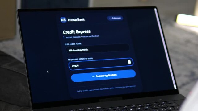 Modern laptop screen showing a bank loan application. User enters amount for credit express and gets an instant declined notification. High-quality UI or UX concept for fintech, banking apps, and