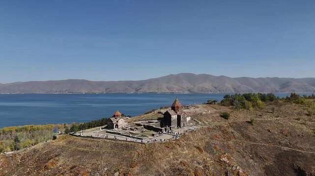 Drone Footage of Sevanavank Monastery and Lake Sevan Landscape