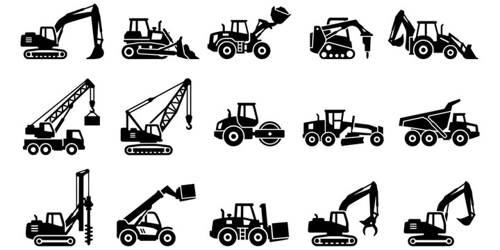 Heavy machinery icon pack featuring loaders, cranes, dump trucks, and excavators. Suitable for building, mining, and construction-related graphic needs.
