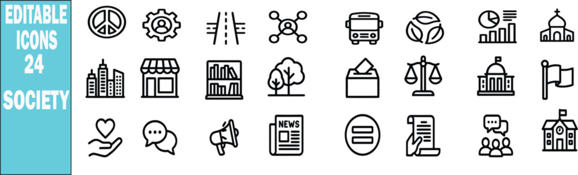 Society icon set. Editable line icons. Vector illustration.
