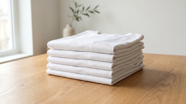 Stack of folded white cotton t-shirts on a wooden table