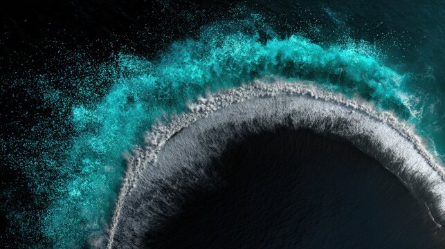Aerial view of ocean waves crashing in a curved pattern, with vibrant turquoise and white surf against deep dark water, ai fast content generation abstract background