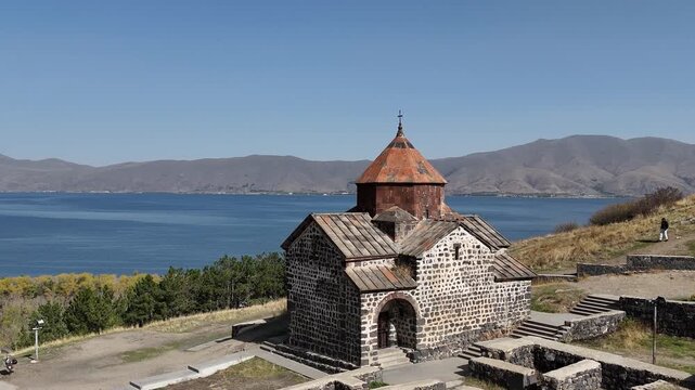 Drone View of Sevanavank Monastery with Lake Sevan in Background