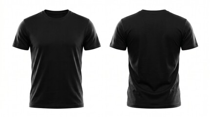 Naklejka premium Blank black t-shirt mockup template, front and back view, isolated on white background, plain cotton tee shirt mock-up