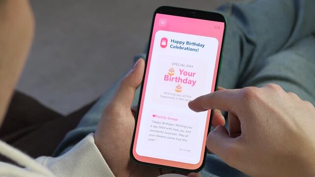 Celebrating birthdays in the digital age. Person scrolling through heartfelt messages from family and friends on a modern app. Ideal for content about social connectivity, happiness, and special