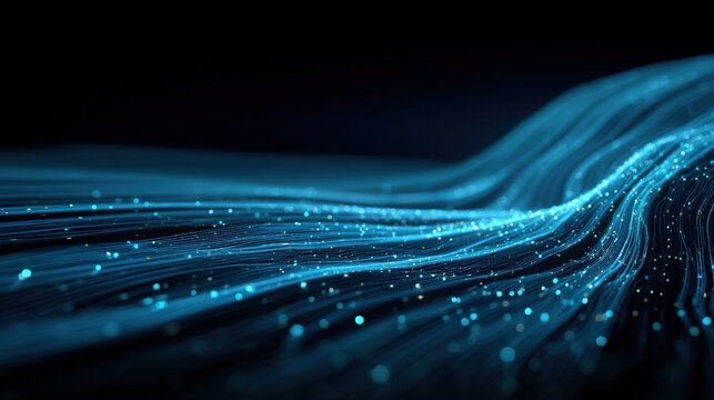 Abstract glowing blue fiber optic lines flowing dynamically against a dark background, representing data transfer and digital connectivity, ai fast content generation abstract background