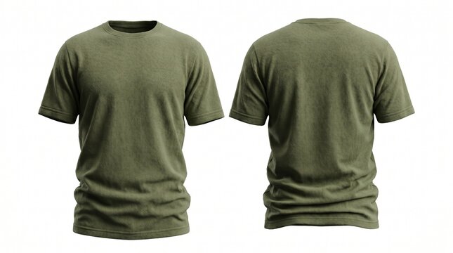 Blank olive green shirt mock up template, front and back view, isolated on white, plain t - shirt mockup