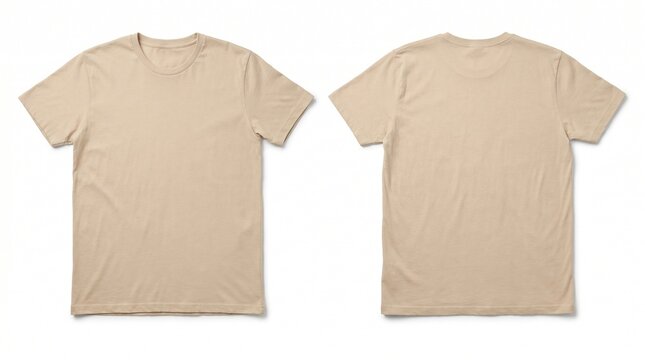 Blank beige shirt mock up template, front and back view, isolated on white, plain tan t - shirt mockup