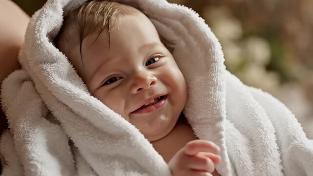 Baby Wrapped In White Towel Closeup, Postbath Cuddle With Damp Hair And Glowing Skin, Soft Terry Fabric Draped Like Hood, Gentle Smile And Sleepy Gaze, Warm Indoor Light, Caregiver Holding, Intimate