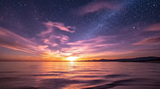 Starry sky over ocean at sunset for outdoor lifestyle brands and nature documentaries