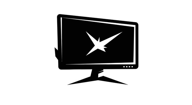 Black computer monitor with white logo.