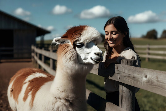 A young woman is petting an alpaca in a rural farm setting.