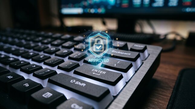 Cybersecurity concept with a glowing shield and padlock icon hovering over a computer keyboard representing data protection and network security