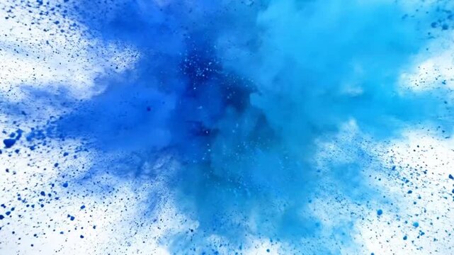 Blue powder explosion on white background ideal for sleek commercial backgrounds and title sequences