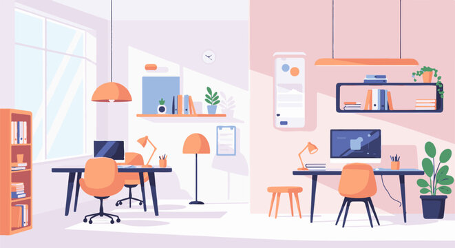 Two distinct, minimalist home office setups with desks, computers, plants, and shelves in warm tones