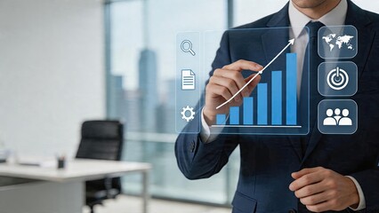 Naklejka premium Businessman interacting with digital holographic interface showing financial growth analytics data analysis marketing strategy investment success corporate performance economic