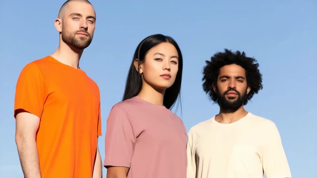 Three adults standing under blue sky in casual shirts