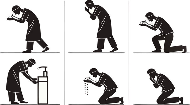 Muslim man performing wudu ablution steps before prayer in a simple flat vector set