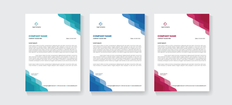 Modern Business Letterhead Template Set with Abstract Wavy Graphics in Blue, Teal, and Maroon