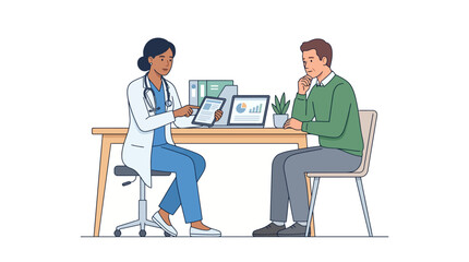 Fototapeta premium Doctor and patient discussing health records at a wooden desk indoors