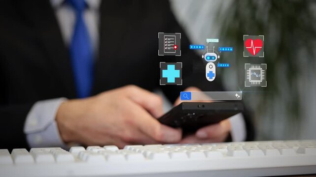 Close-up of a businessman using a smartphone with an emerging AI chatbot animation. Digital icons for remote healthcare, heart rate, and medical data appear sequentially in a modern office