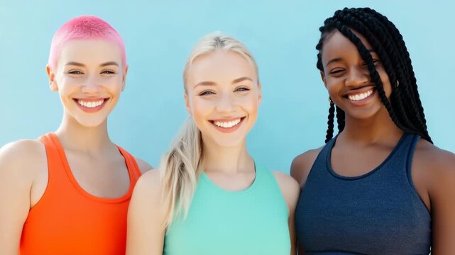 Three women posing together against pastel blue background
