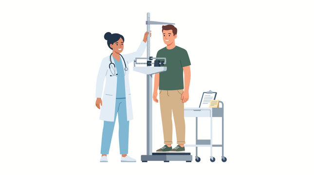 Doctor measures patient on medical scale in clinic setting.