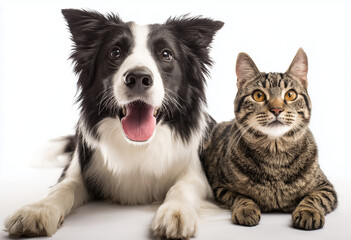 Fototapeta premium a border collie dog and a tabby cat sitting together, isolated on a white background.