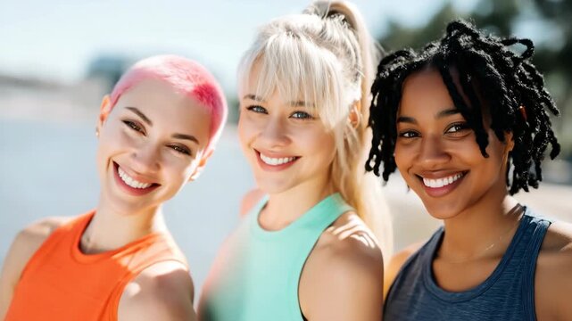 Three women posing together outdoors near waterfront setting