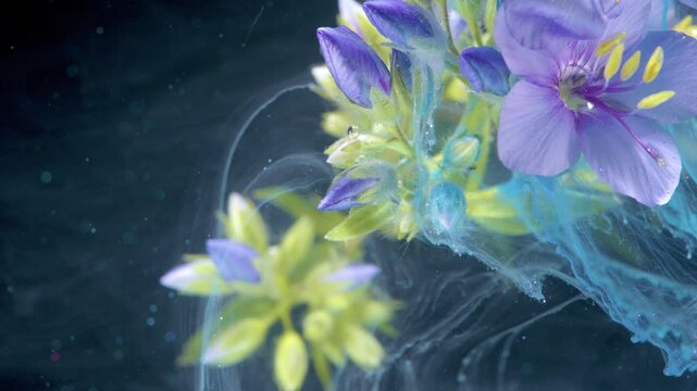 Violet blossom yellow stamens cyan plume, vivid macro showing contrast between petals and turquoise ink, highdetail studio shot with dynamic fluid
