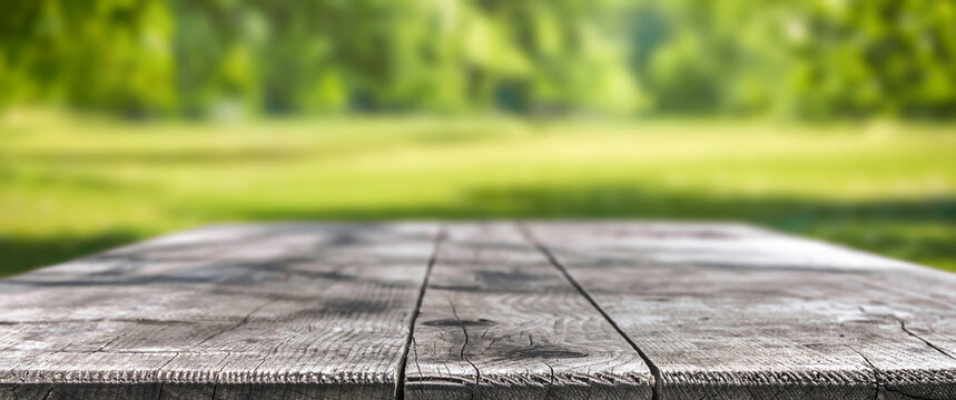 Empty wooden table in blurred green garden