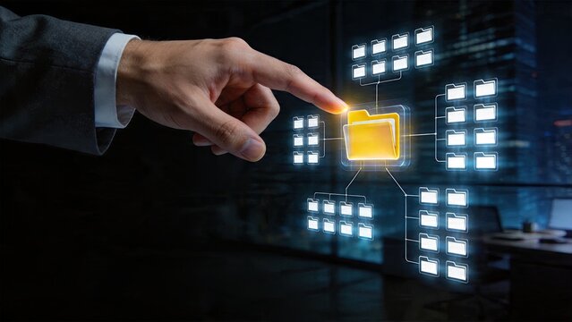 Businessman selecting digital folders on holographic interface in modern office cloud storage technology