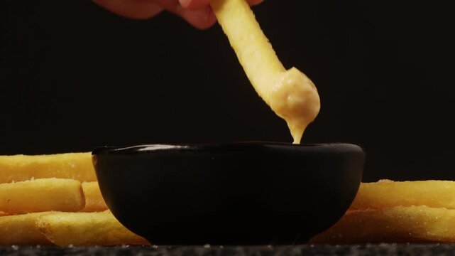 close up of a hand dipping a thick crispy fry into a small black bowl of creamy dipping sauce on a dark stone surface