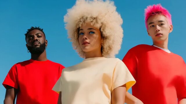 Three models standing confidently against bright blue sky