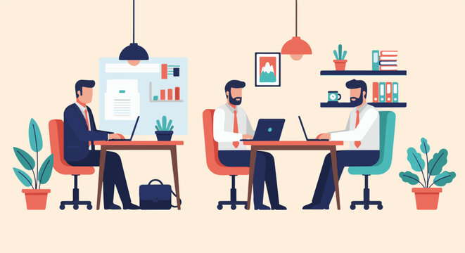 Three professional men working on laptops at desks in a collaborative office, surrounded by plants and decor