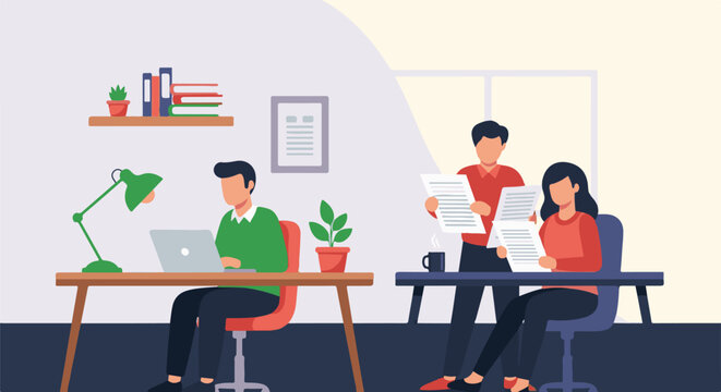 Three people working in an office. One on a laptop, two reviewing documents at a separate desk with coffee
