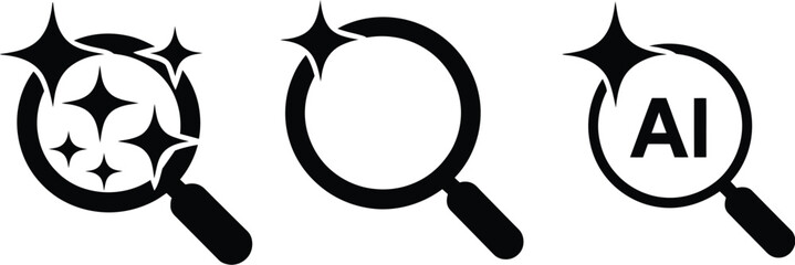 Search icon featuring magic sparkle star symbols, AI generated icons, artificial intelligence sign, magnifying glass loupe symbol, © welcome. saiful