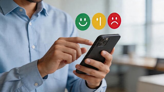 Businessman tapping smartphone screen rating feedback service satisfaction with smiley faces customer experience concept