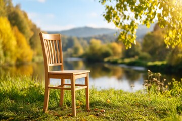 Fototapeta premium Serene Empty Chair Facing Tranquil Lake Surrounded by Lush Nature in Autumn Light Symbolizing Solitude