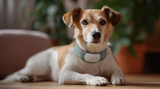Dog wearing a smart GPS collar for pet tracking at home, technology, safety and well-being for pets