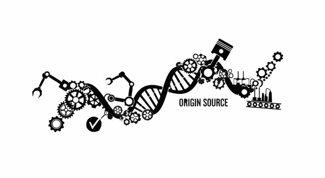 Intricate mechanical DNA strand representing technological evolution and creation.