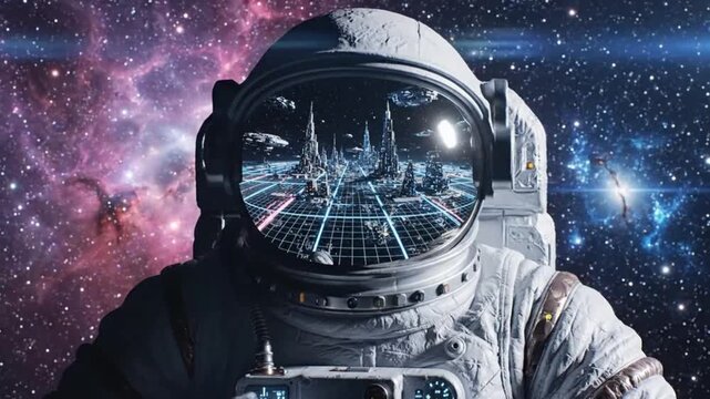 Astronaut in space with futuristic city reflection perfect for IT presentations and tech marketing