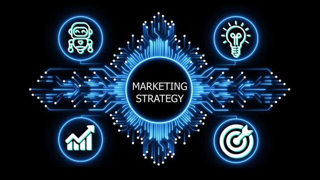 marketing strategy logo on glowing circuit board network, connected business icons for finance, analytics, partnership, growth and innovation on black background