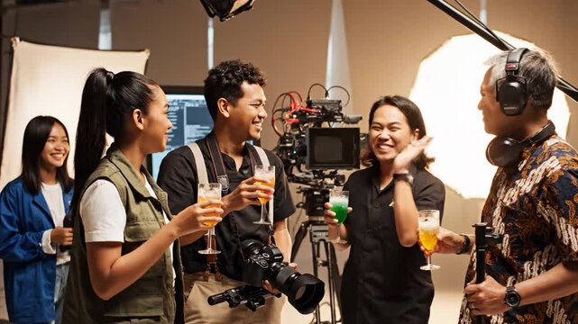 Film crew toasting drinks in studio after successful shoot